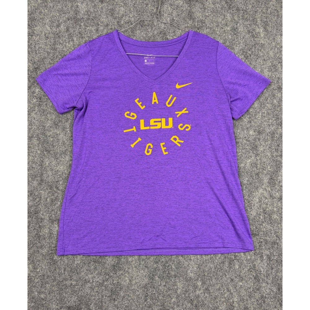Nike LSU Tigers Geaux Tigers Purple Heathered Dri-FIT V-Neck T-Shirt Womens L
